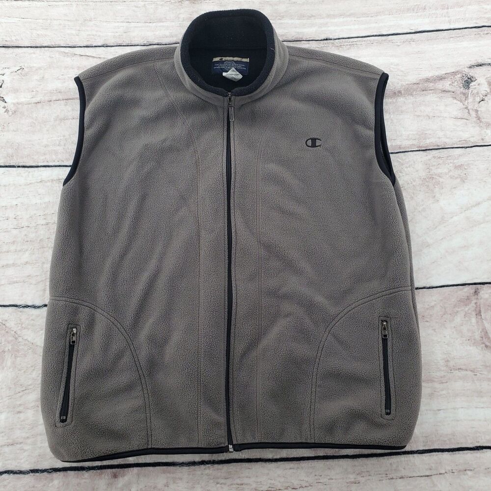 Champion Fleece Vest Mens XXL Gray Black Sleeveless Full Zip Mock Neck Logo 2XL